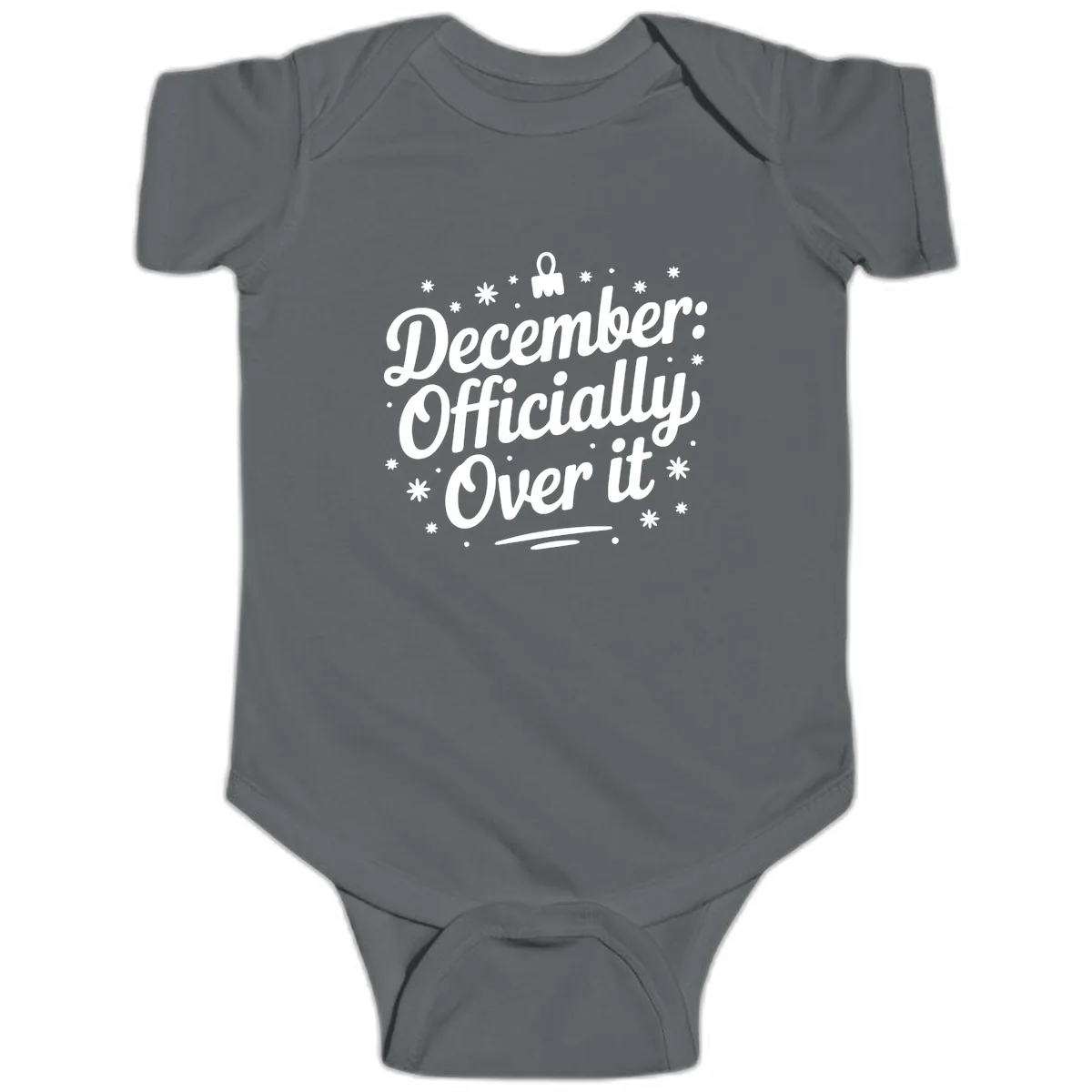 December Officially Over It Baby Onesie in Charcoal